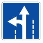 512 Eismo kryptis sankryžoje tiesiai ir į kairę (Sankryžoje nurodo eismo kryptį, kuria leidžiama važiuoti šia eismo juosta. Kai leidžiama sukti į kairę, iš kairės kraštinės eismo juostos leidžiama ir apsisukti)