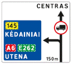 603 Išankstinė krypčių rodyklė (Eismo kryptys į kelio ženkle nurodytas gyvenvietes ar jų dalis. Atstumas iki sankryžos nurodomas kelio ženklo apačioje)
